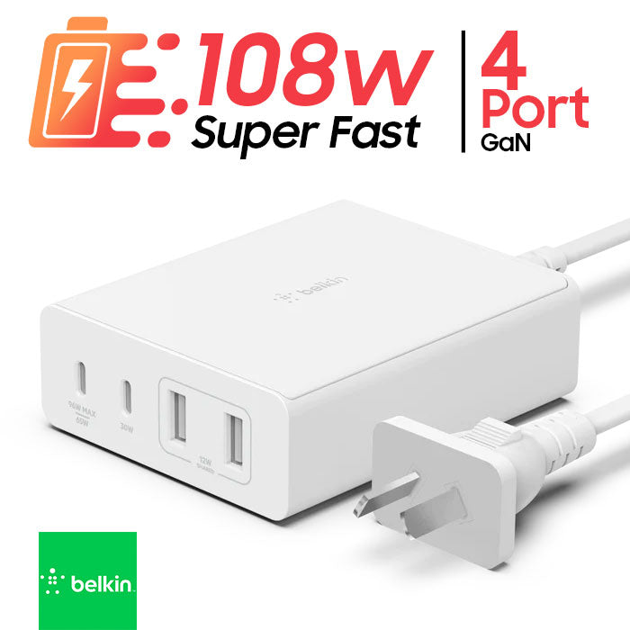 Belkin 108W 4-Port GaN Super Fast Wall Charger (White)