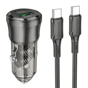 BOROFONE BZ25 Transparent 38W PD Car Charger with USB C to USB C Charging Cable- Black