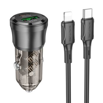BOROFONE BZ24 Transparent 20W PD Car Charger with USB C to Lightning Cable- Black (Single Port)