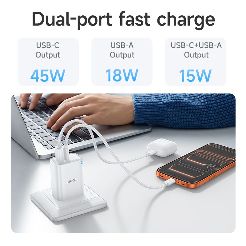 Hoco 45W Fast Charging Wall Charger Adaptor USB-C + USB-A DNU4