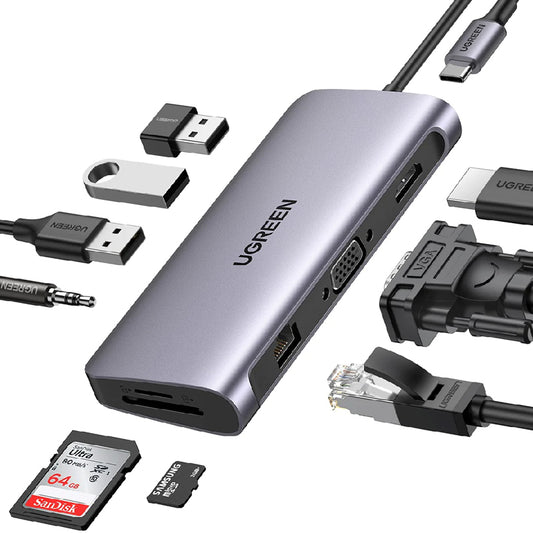 10-in-1 USB-C To 3*USB 3.0 A+HDMI+VGA+RJ45 Gigabit+SD/TF+AUX3.5mm+PD Converter Ugreen