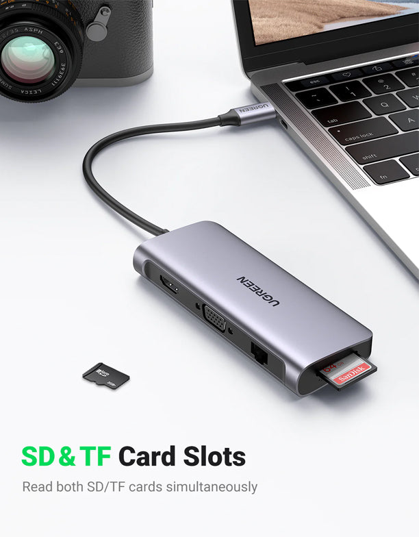 10-in-1 USB-C To 3*USB 3.0 A+HDMI+VGA+RJ45 Gigabit+SD/TF+AUX3.5mm+PD Converter Ugreen