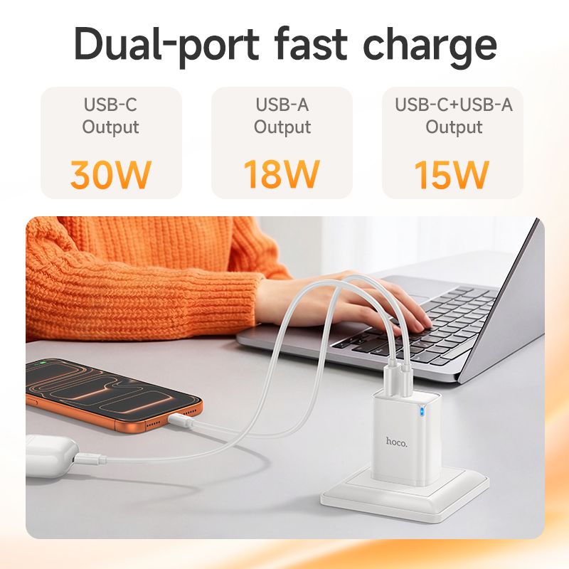 Hoco 30W Fast Charging Wall Charger Adaptor USB-C + USB-A DNU3