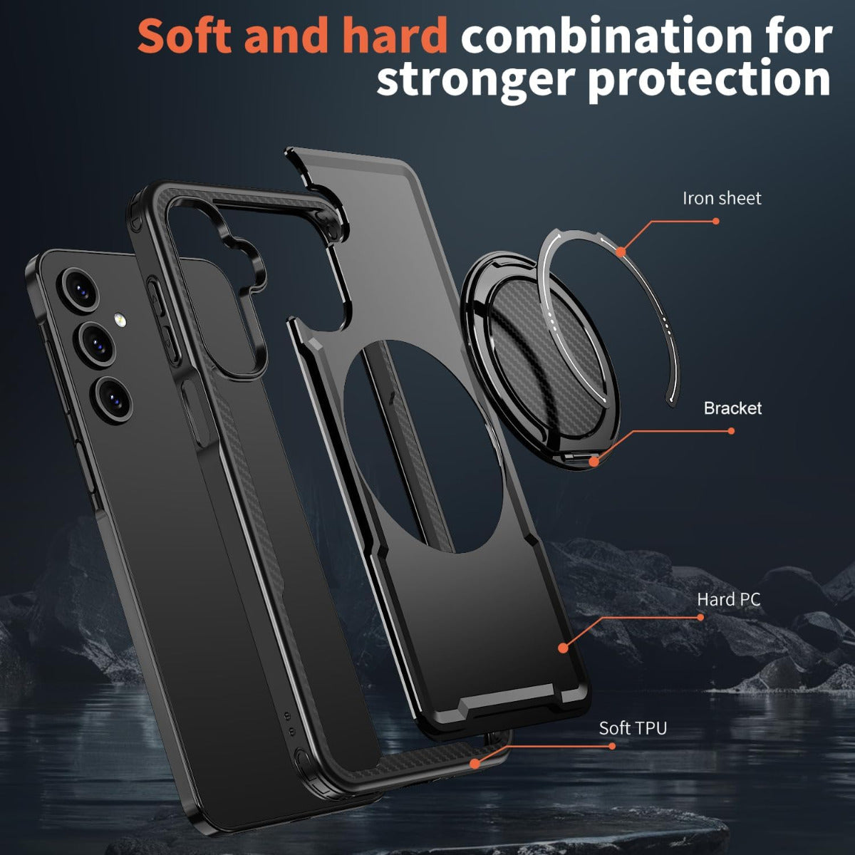 Rotative Ring Stand Armour Case for Galaxy A37 5G - Black