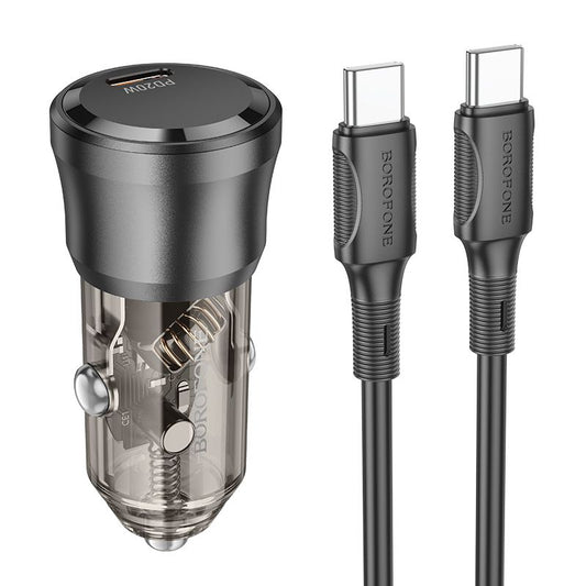 BOROFONE BZ24 Transparent 20W PD Car Charger with USB C to USB C- Black (Single Port)