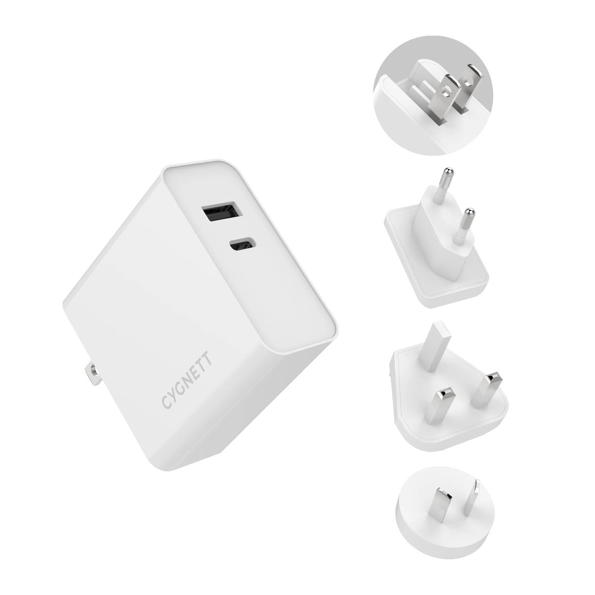 Cygnett 60W Dual USB Laptop Wall Charger USB A + USB C + Travel Adapters