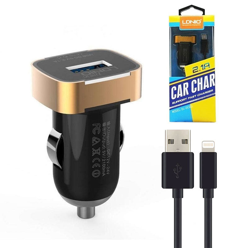 LDNIO 2.1A 10.5W Car Charger with Lightning Cable DL-DC211- Black