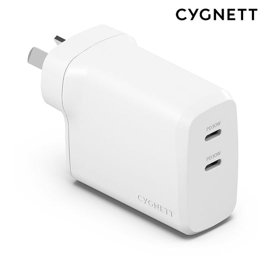Cygnett PowerPlus 60W (30W x2) Dual Port USB-C PD Travel-Ready Fast Wall Charger -White